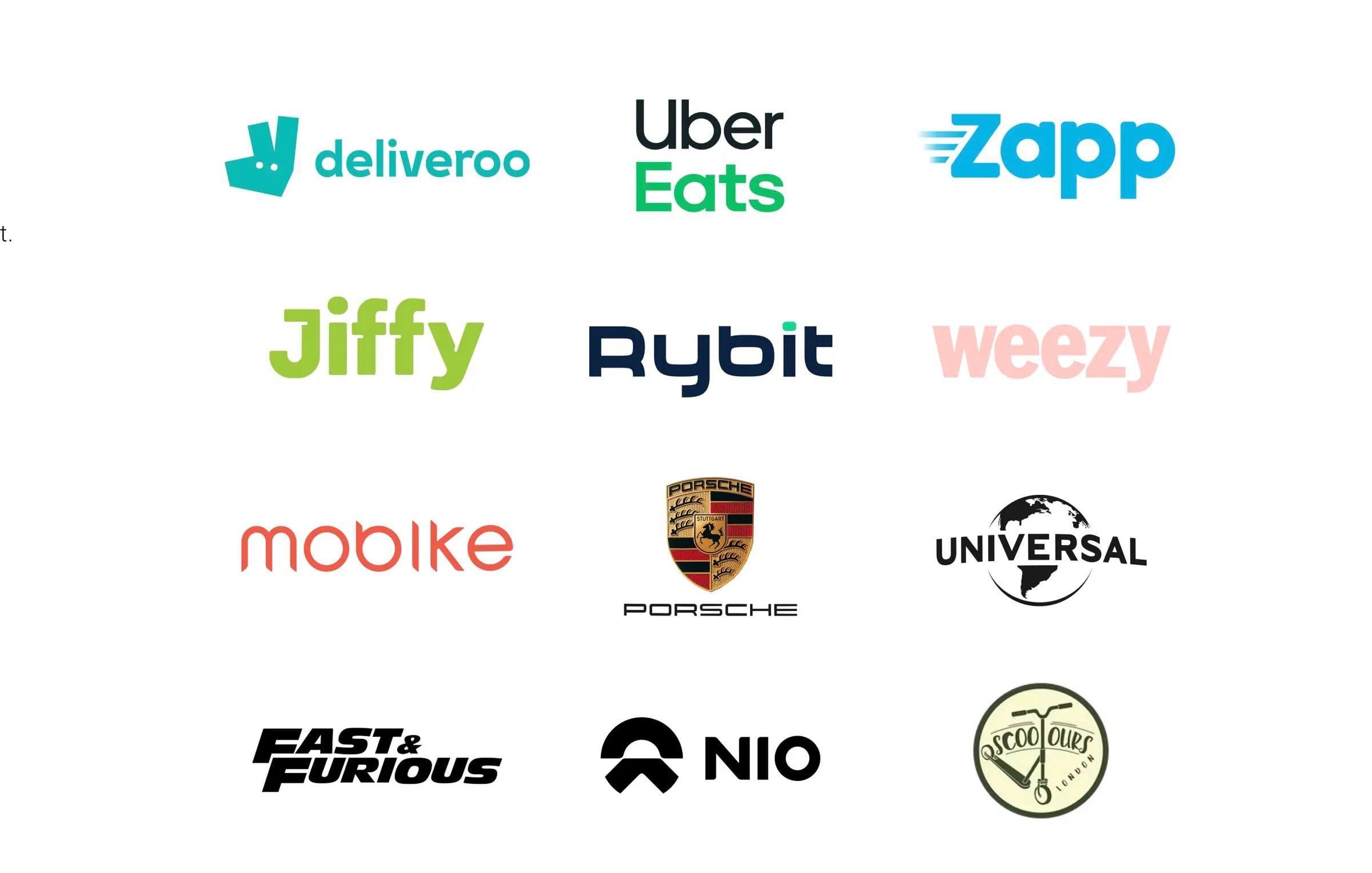 ETT partners and clients: Deliveroo, Uber Eats, Zapp, Jiffy, Rybit, Weezy, Mobike, Porsche, Universal, Fast & Furious, NIO